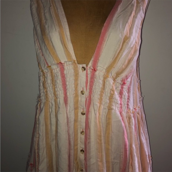 Free people] Orange combo Deep V neck Smoking oversized Button down dress - Picture 8 of 13